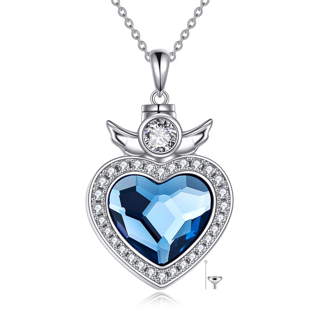 Sterling Silver Heart Crystal Angel Wing & Heart Urn Necklace for Ashes-0