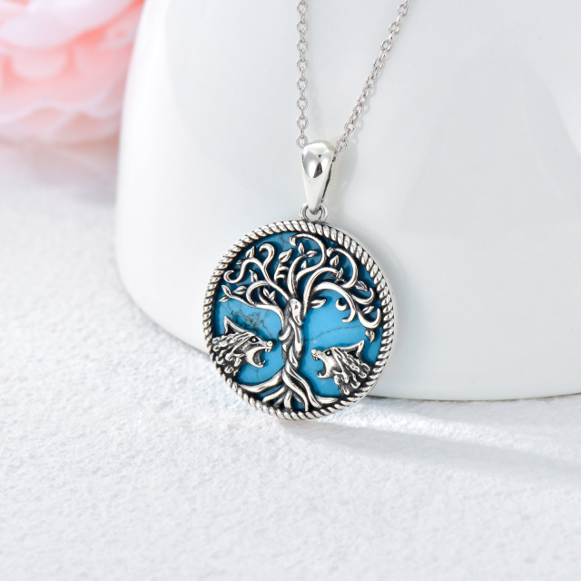 Sterling Silver Turquoise Wolf & Tree Of Life Pendant Necklace-3