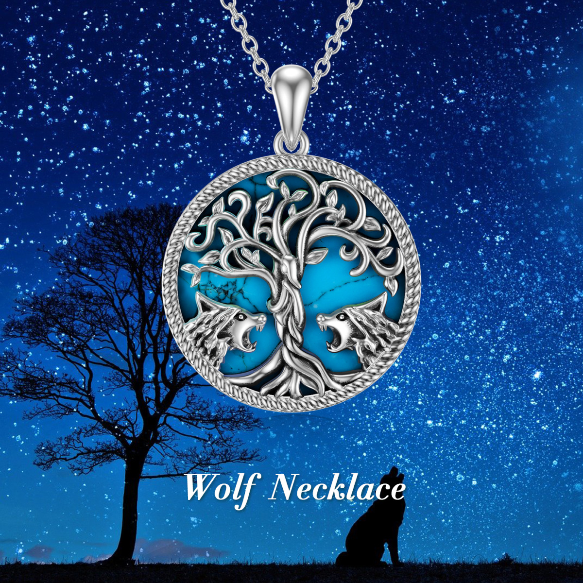 Sterling Silver Turquoise Wolf & Tree Of Life Pendant Necklace-5