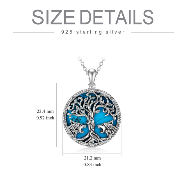 Sterling Silver Turquoise Wolf & Tree Of Life Pendant Necklace-4