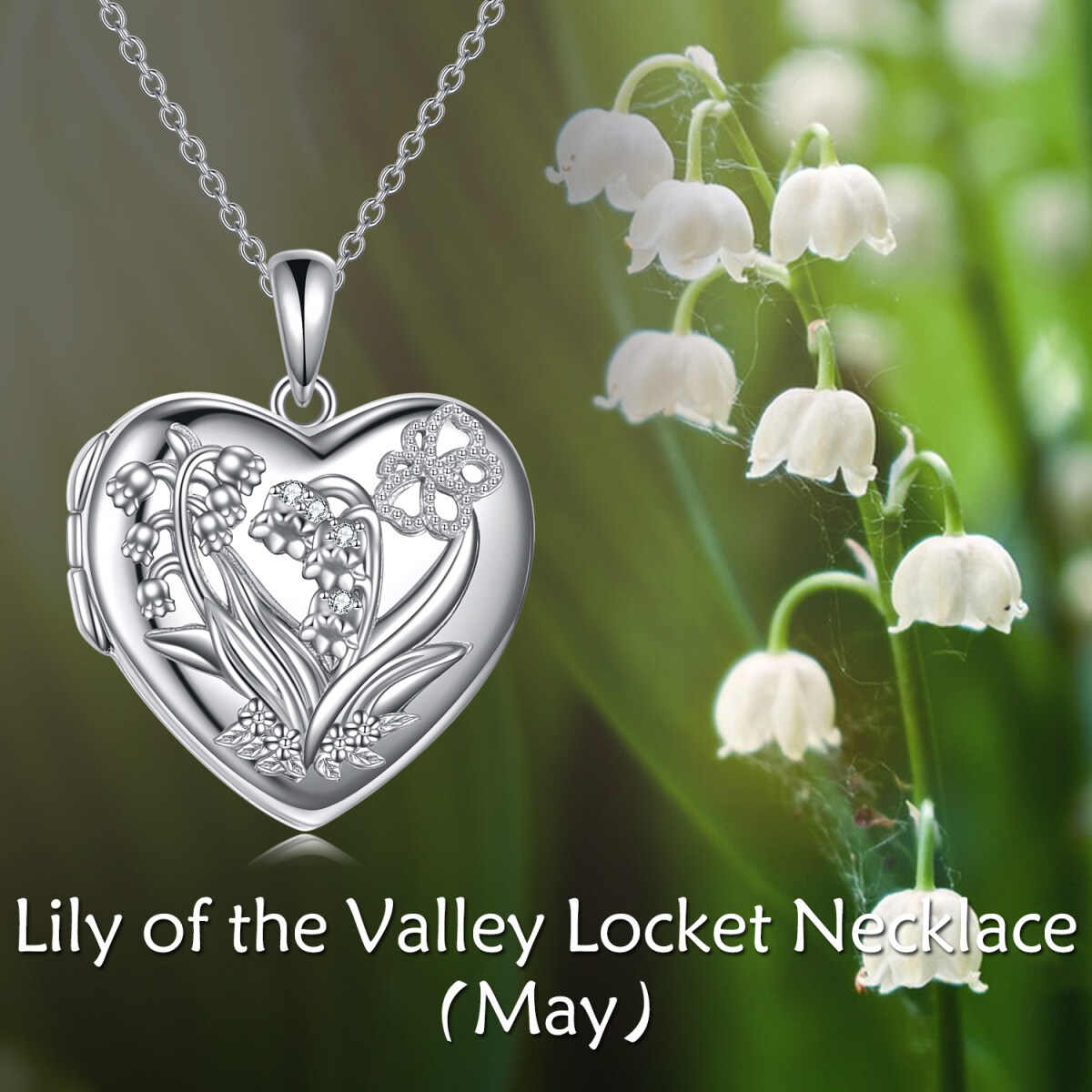 Sterling Silver Lily Of The Valley & Personalized Photo Personalized Photo Locket Necklace-7