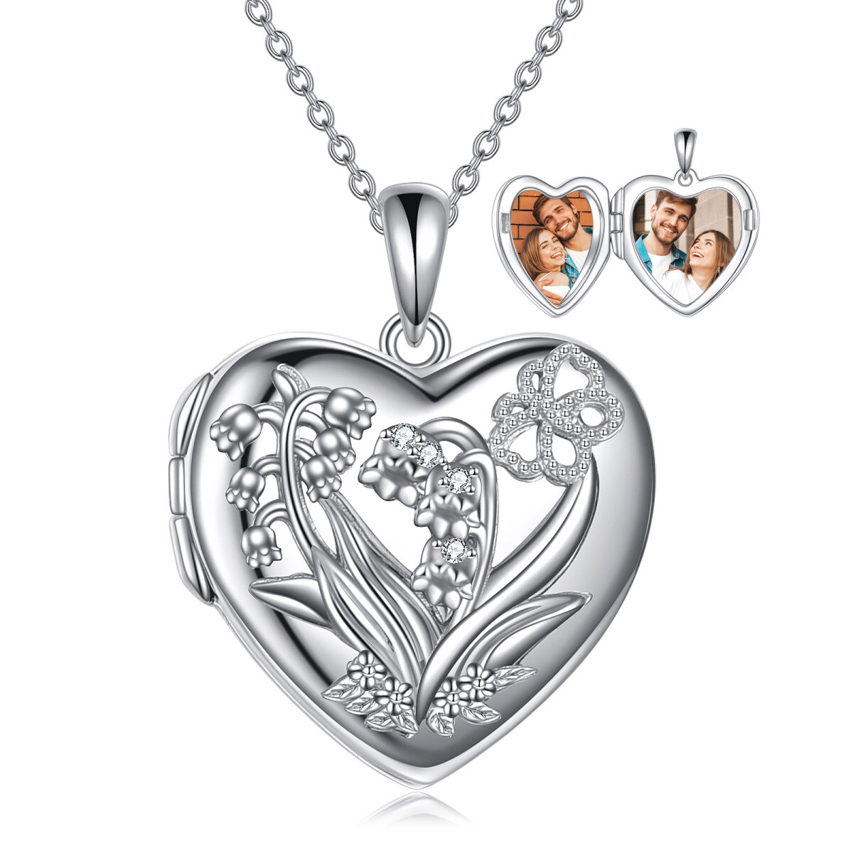Sterling Silver Lily Of The Valley & Personalized Photo Personalized Photo Locket Necklace-1