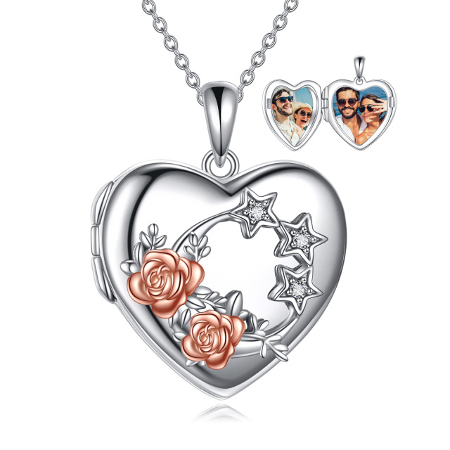 Sterling Silver Zircon Rose & Personalized Photo Personalized Photo Locket Necklace-0