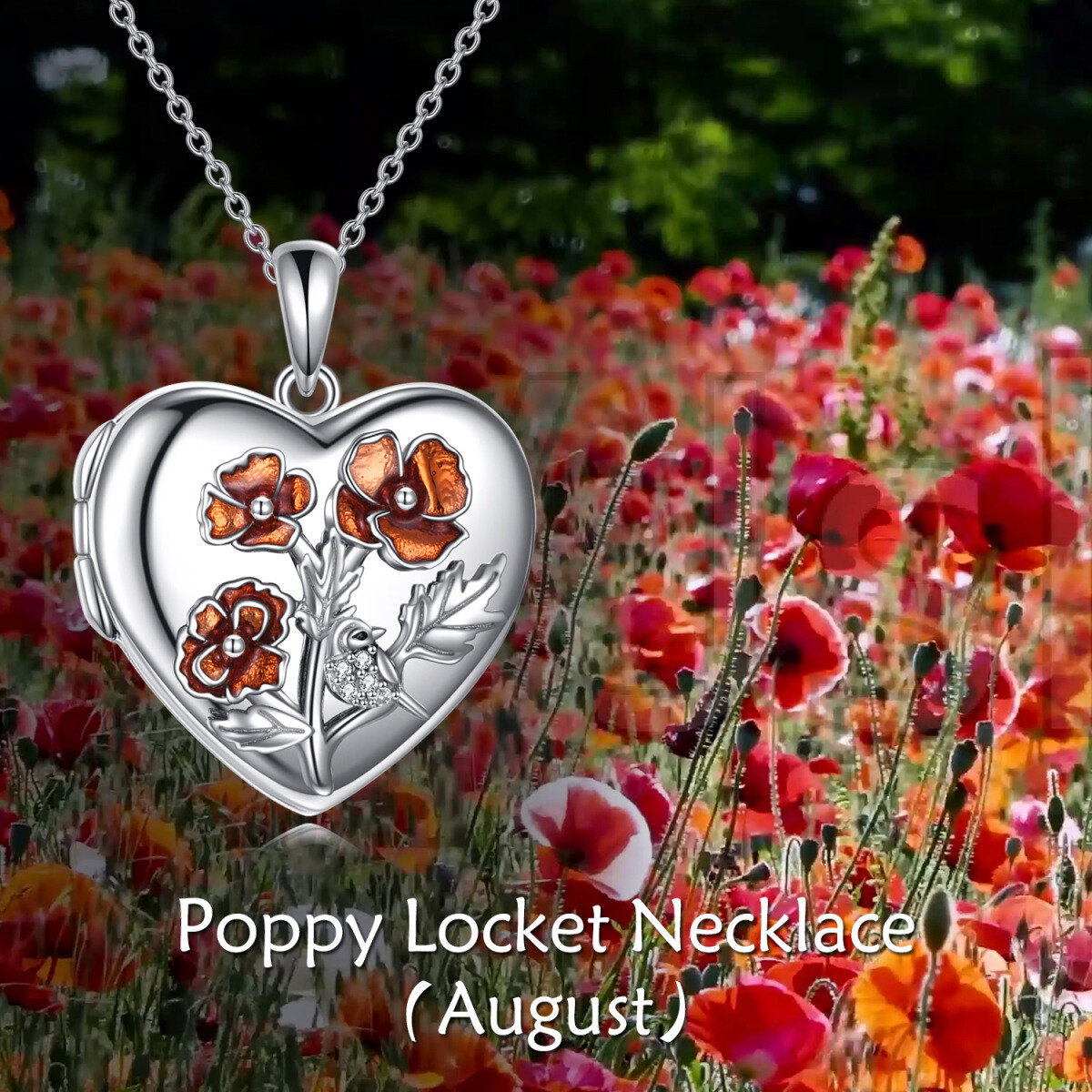 Sterling Silver Poppy Flower Heart Personalized Photo Locket Necklace-6