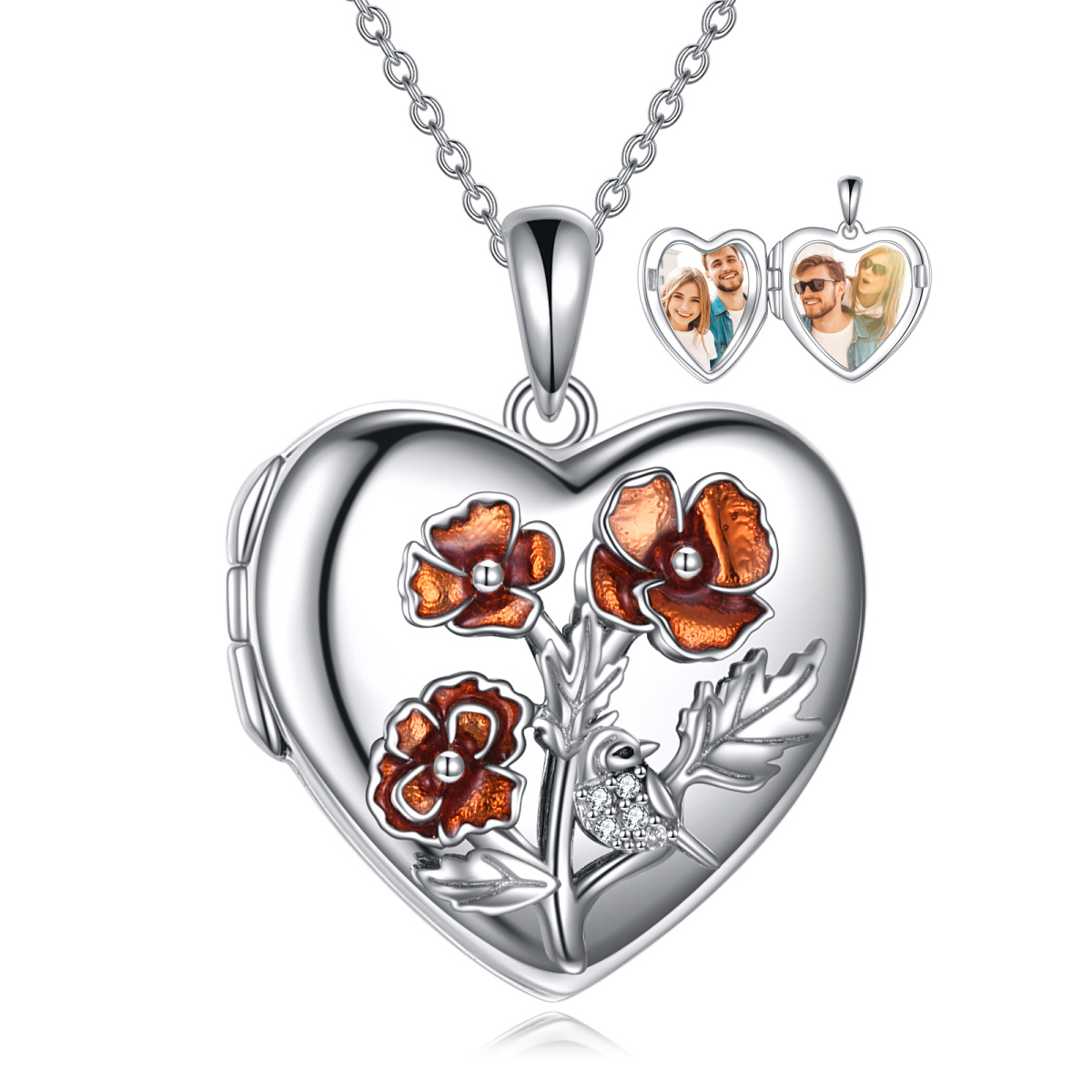 Sterling Silver Poppy Flower Heart Personalized Photo Locket Necklace-1