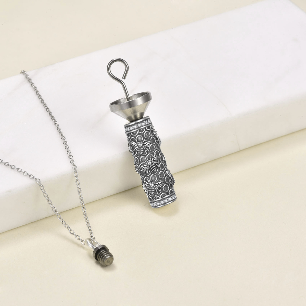 Sterling Silver Bees on Vertical Bar Urn Necklace for Ashes-4