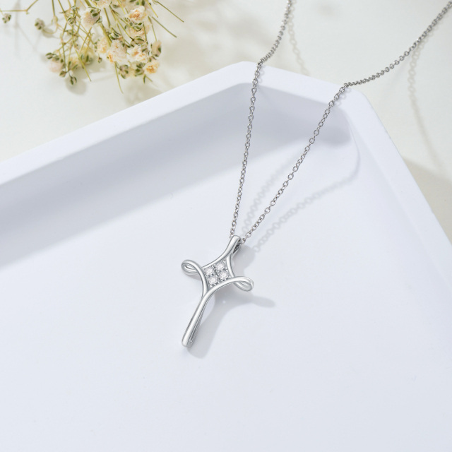 Sterling Silver Round Cubic Zirconia Cross Pendant Necklace-3