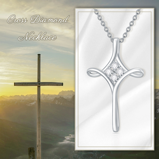 Sterling Silver Round Cubic Zirconia Cross Pendant Necklace-5