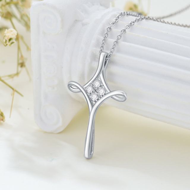 Sterling Silver Round Cubic Zirconia Cross Pendant Necklace-2