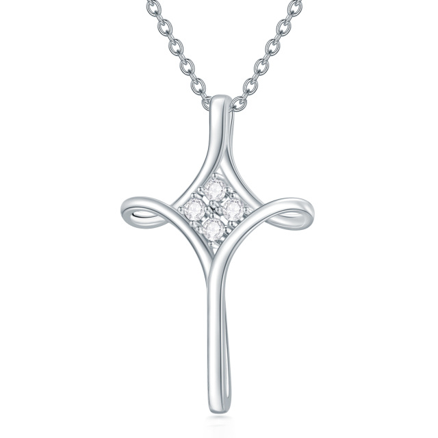 Sterling Silver Round Cubic Zirconia Cross Pendant Necklace-0