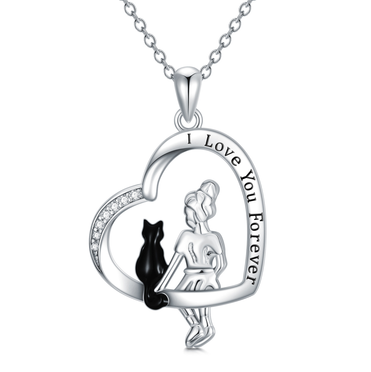 Sterling Silber zweifarbig Cubic Zirkonia Katze & Herz Anhänger Halskette mit eingravierte-1