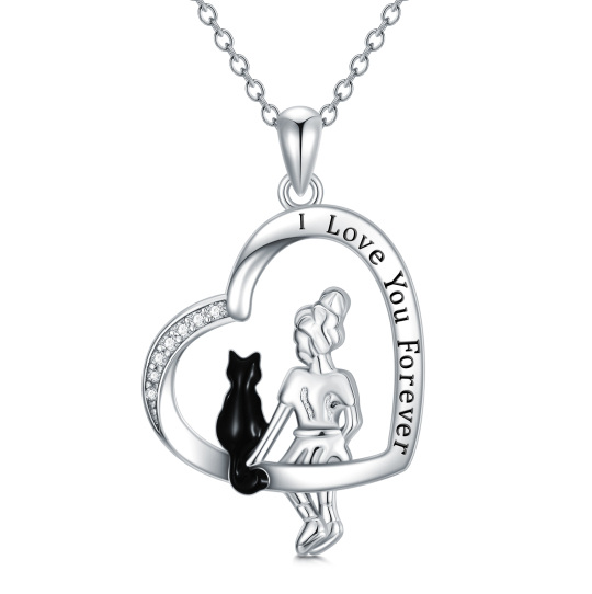 Sterling Silver Two-tone Cubic Zirconia Cat & Heart Pendant Necklace with Engraved Word