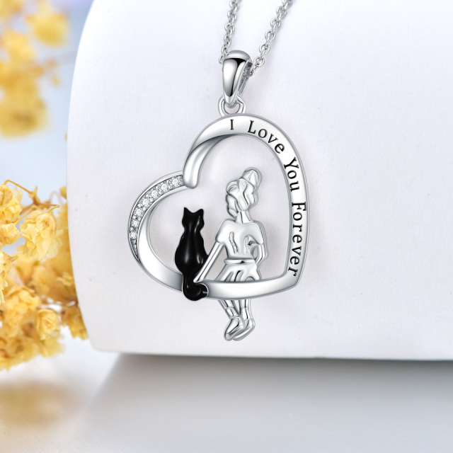 Sterling Silver Two-tone Cubic Zirconia Cat & Heart Pendant Necklace with Engraved Word-2