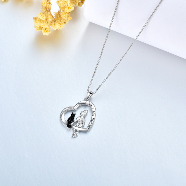 Sterling Silver Two-tone Cubic Zirconia Cat & Heart Pendant Necklace with Engraved Word-3