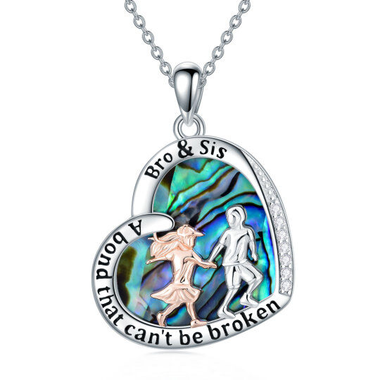 Sterling Silver Two-tone Heart Abalone Shellfish Brother And Sister Pendant Necklace with Engraved Word