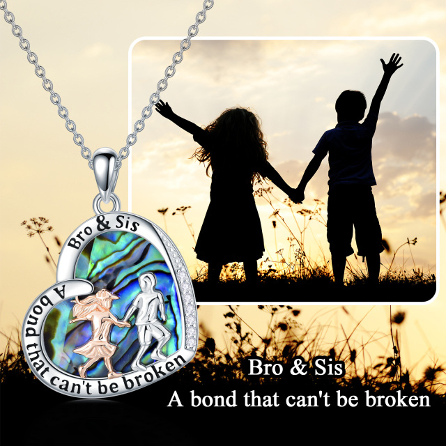 Sterling Silver Two-tone Heart Abalone Shellfish Brother And Sister Pendant Necklace with Engraved Word-2