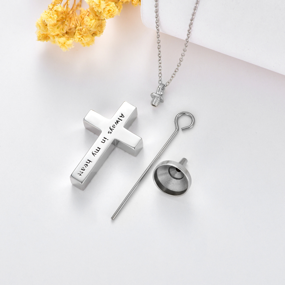 Sterling Silver Princess-square Shaped Cubic Zirconia Cross Urn Necklace for Ashes with Engraved Word-4