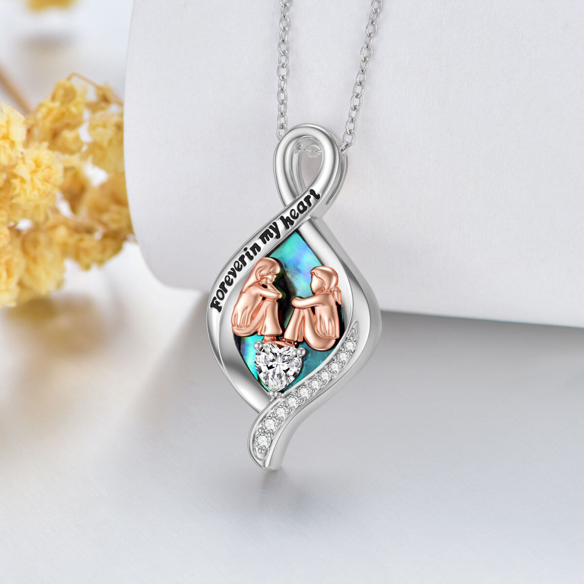 Sterling Silver Two-tone Abalone Shellfish Sisters & Infinity Symbol Urn Necklace for Ashes with Engraved Word-4