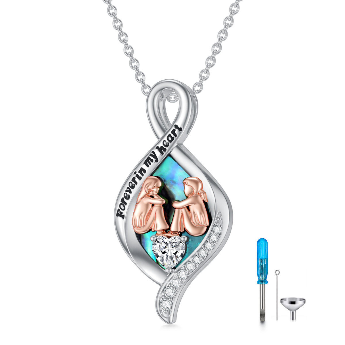 Sterling Silver Two-tone Abalone Shellfish Sisters & Infinity Symbol Urn Necklace for Ashes with Engraved Word-1