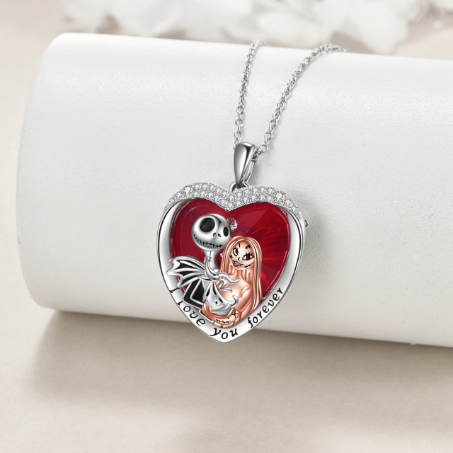 Sterling Silver Two-tone Heart Shaped Heart & Skeleton Crystal Pendant Necklace with Engraved Word-2