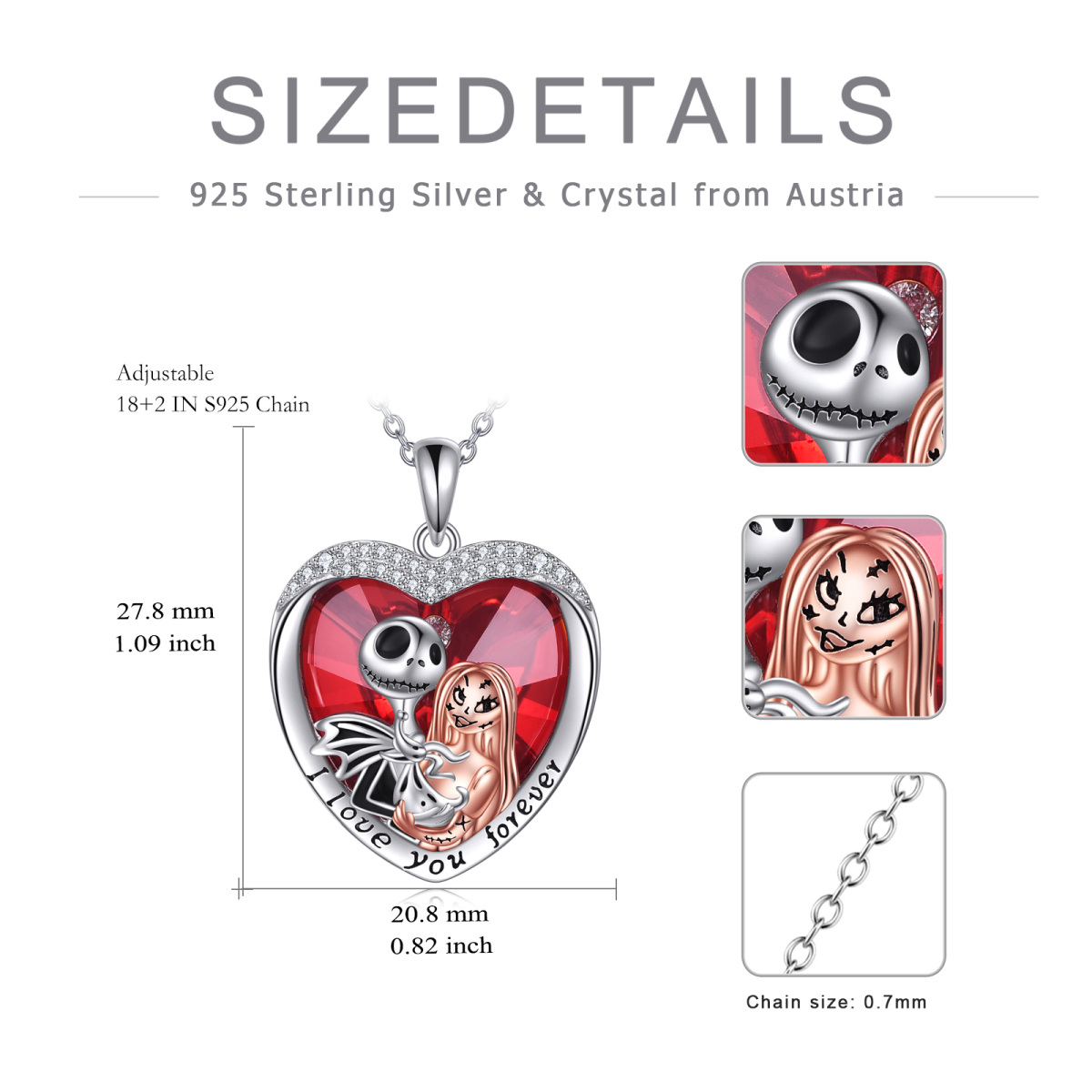 Sterling Silver Two-tone Heart Shaped Heart & Skeleton Crystal Pendant Necklace with Engraved Word-5
