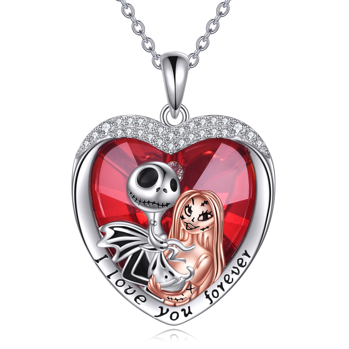 Sterling Silver Two-tone Heart Shaped Heart & Skeleton Crystal Pendant Necklace with Engraved Word-1