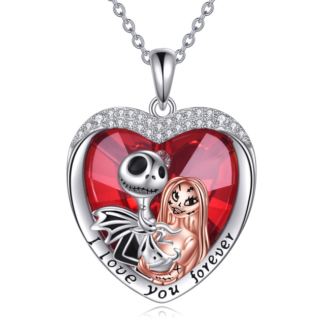 Sterling Silver Two-tone Heart Shaped Heart & Skeleton Crystal Pendant Necklace with Engraved Word-0