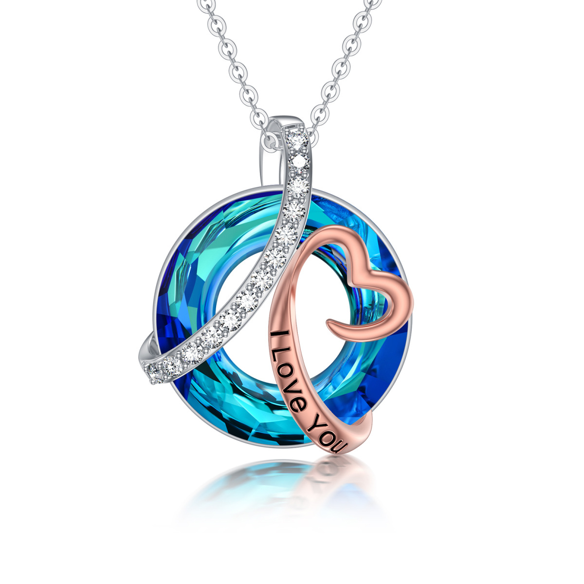 14K Silver & Rose Gold Circular Shaped Heart Crystal Pendant Necklace with Engraved Word-1