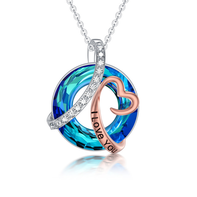 14K Silver & Rose Gold Circular Shaped Heart Crystal Pendant Necklace with Engraved Word-0
