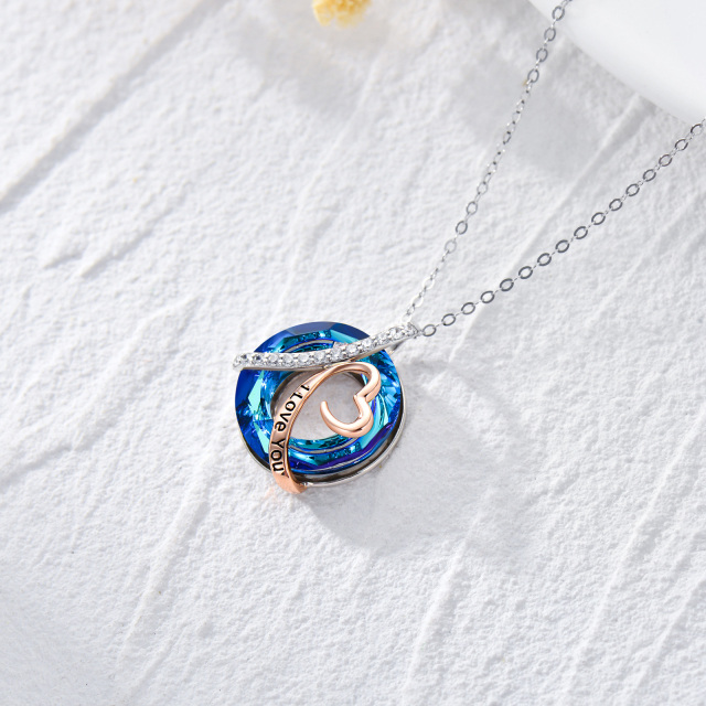 Collar colgante de cristal en forma de corazón circular de plata de 14 quilates y oro rosa-3
