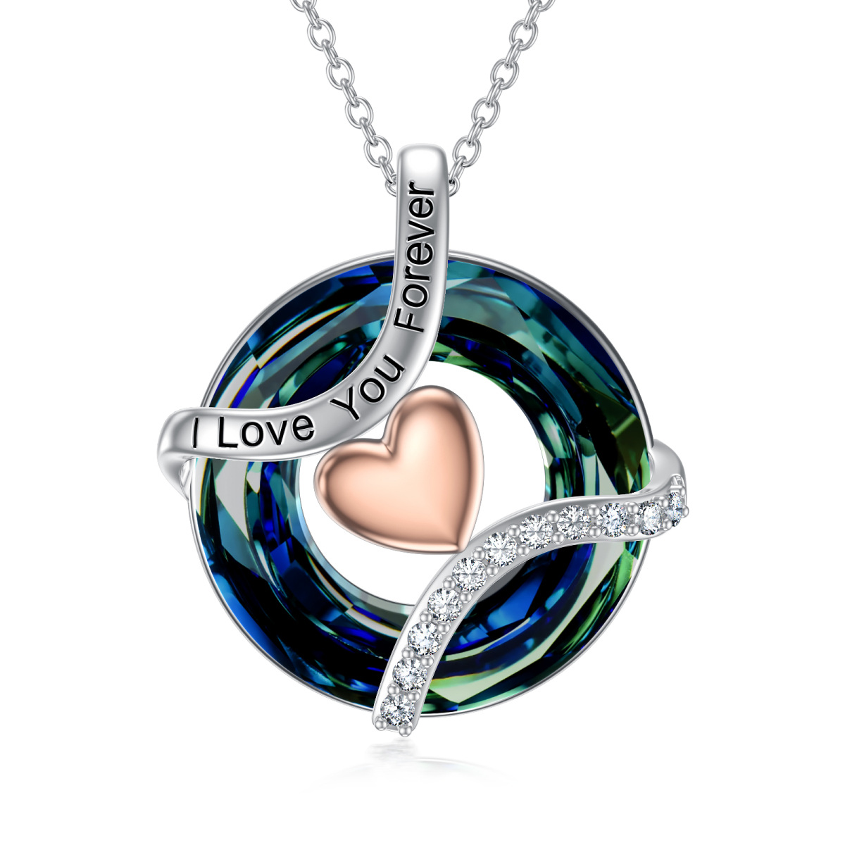 14K White Gold Circular Shaped Heart Crystal Pendant Necklace with Engraved Word-1