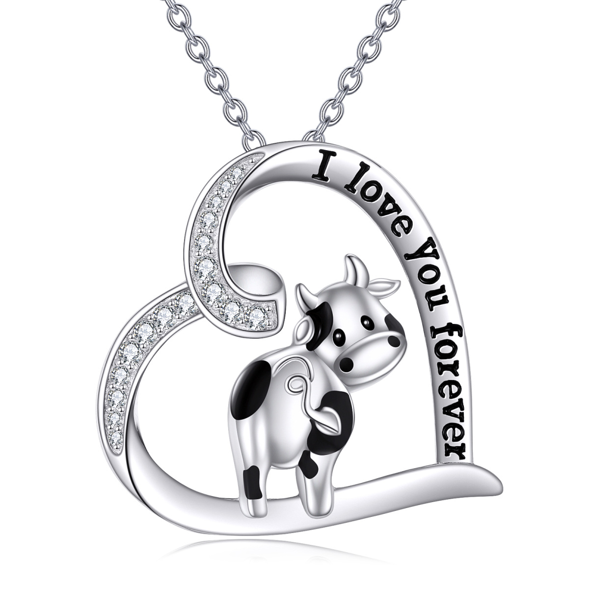 Sterling Silver Cubic Zirconia Cow & Heart Pendant Necklace-1