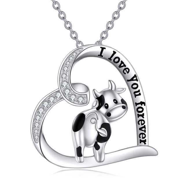 Sterling Silver Cubic Zirconia Cow & Heart Pendant Necklace-0