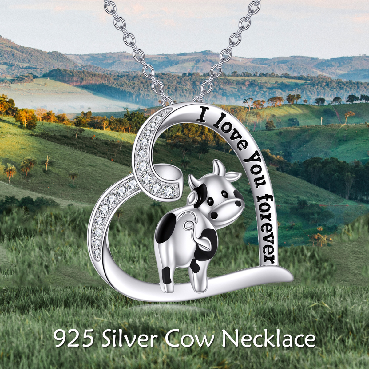 Sterling Silver Cubic Zirconia Cow & Heart Pendant Necklace-6