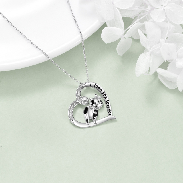Sterling Silver Cubic Zirconia Cow & Heart Pendant Necklace-3