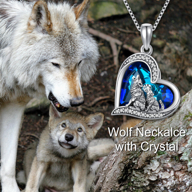 Sterling Silver Heart Crystal Wolf & Heart Pendant Necklace-6