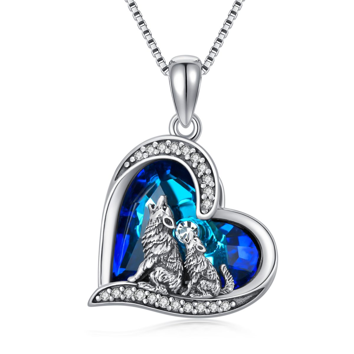 Sterling Silver Heart Crystal Wolf & Heart Pendant Necklace-1