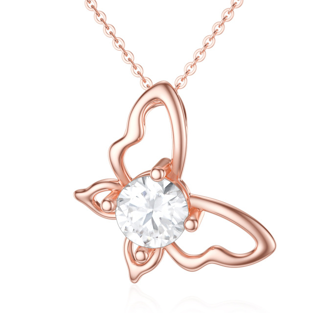 14K Rose Gold Circular Shaped Moissanite Butterfly Pendant Necklace-2