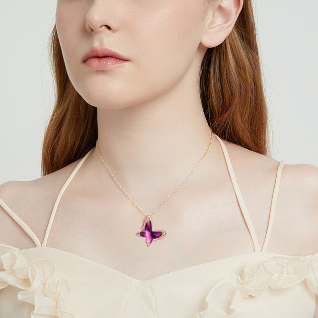 14K Rose Gold Crystal Butterfly Pendant Necklace-1