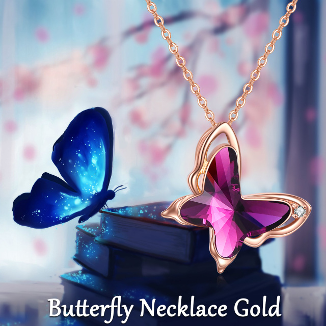 Colar com pingente de borboleta em cristal de ouro rosa 14K-3