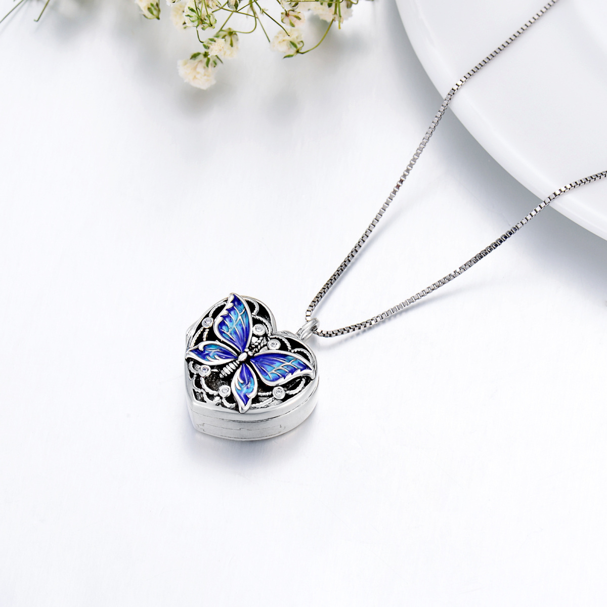 Sterling Silver Cubic Zirconia Butterfly Heart Personalized Photo Cremation Urn Necklace for Ashes-5