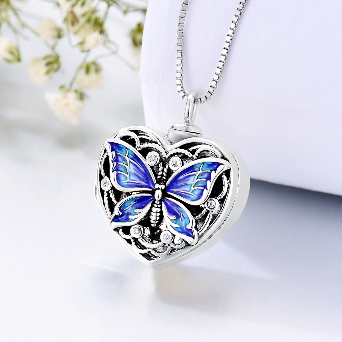 Sterling Silver Cubic Zirconia Butterfly Heart Personalized Photo Cremation Urn Necklace for Ashes-4