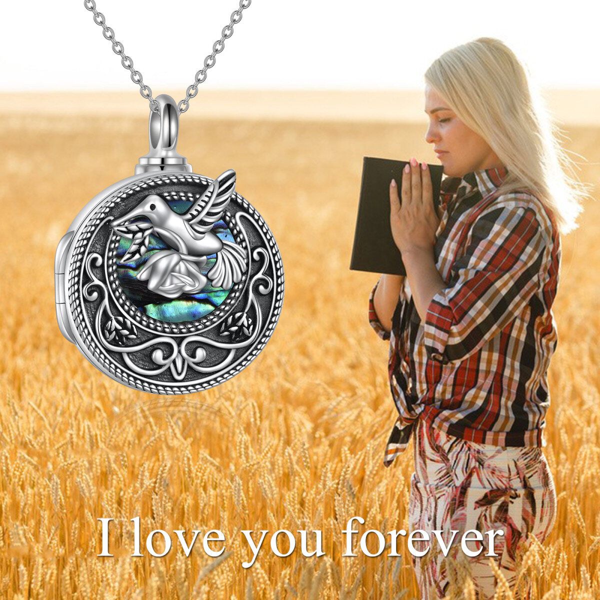 Sterling Silver Abalone Shellfish Hummingbird Urn Necklace for Ashes with Engraved Word-6