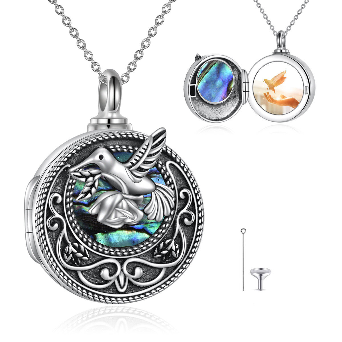 Sterling Silver Abalone Shellfish Hummingbird Urn Necklace for Ashes with Engraved Word-1
