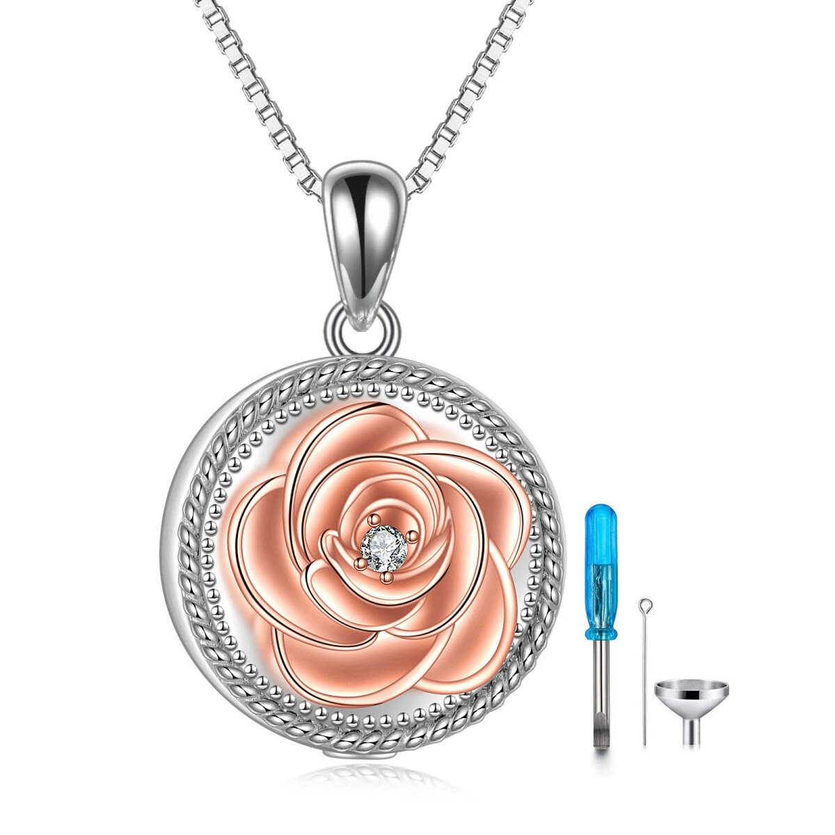 Sterling Silver Two-tone Circular Shaped Cubic Zirconia Rose Urn Necklace for Ashes with Engraved Word-1
