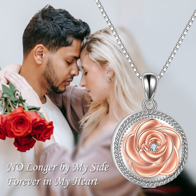 Sterling Silver Two-tone Circular Shaped Cubic Zirconia Rose Urn Necklace for Ashes with Engraved Word-5