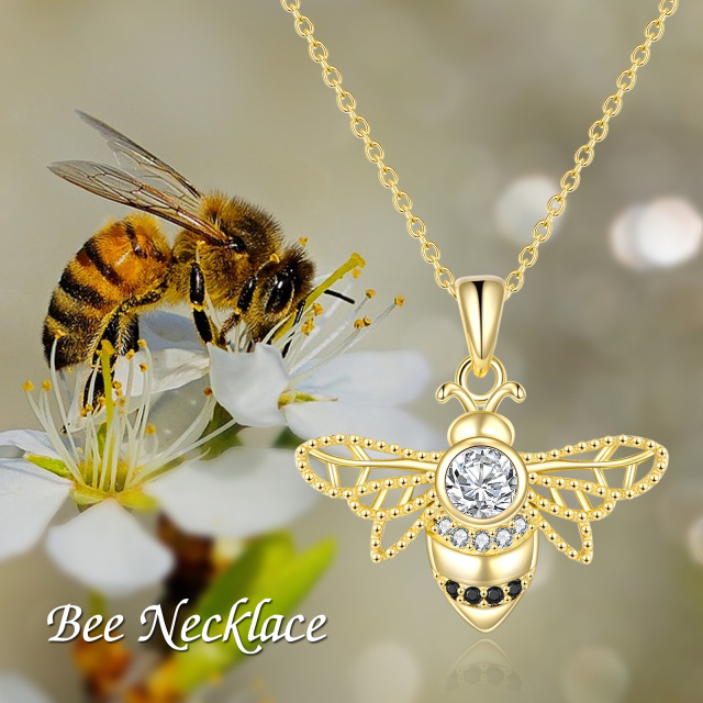 Sterling Silver with Yellow Gold Plated Round Cubic Zirconia Bees Pendant Necklace-4