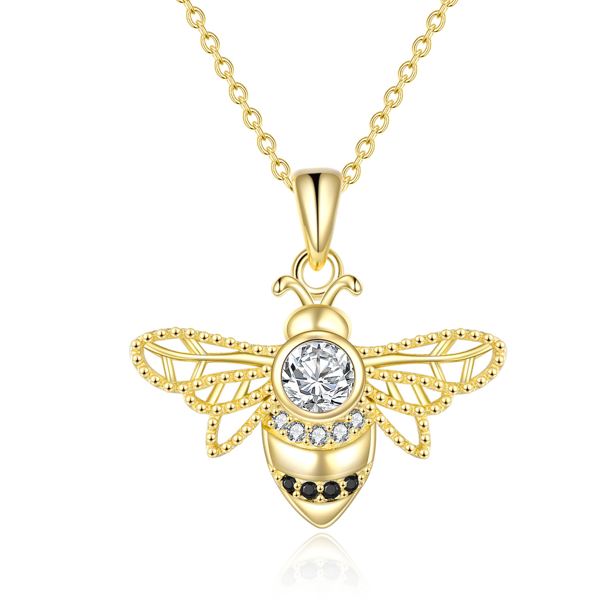 Sterling Silver with Yellow Gold Plated Round Cubic Zirconia Bees Pendant Necklace-1