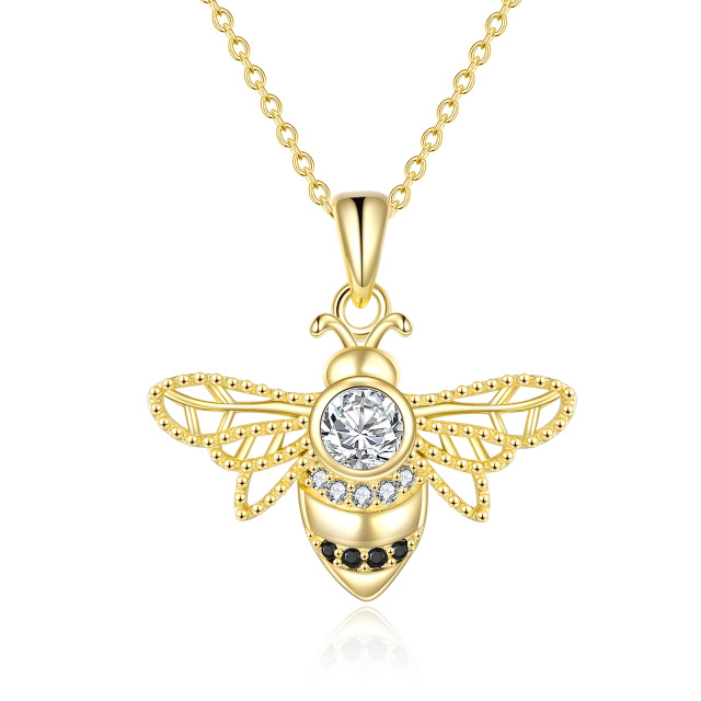 Sterling Silver with Yellow Gold Plated Round Cubic Zirconia Bees Pendant Necklace-0