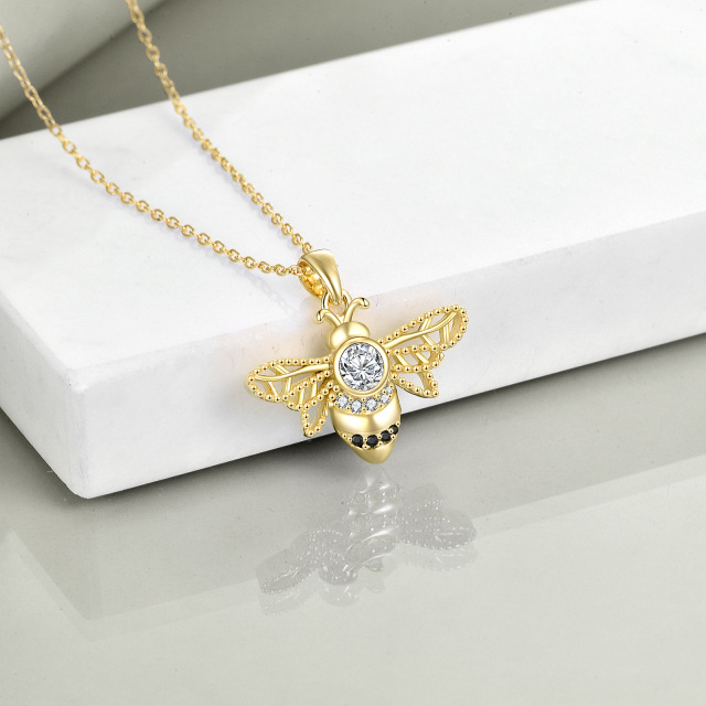 Sterling Silver with Yellow Gold Plated Round Cubic Zirconia Bees Pendant Necklace-2